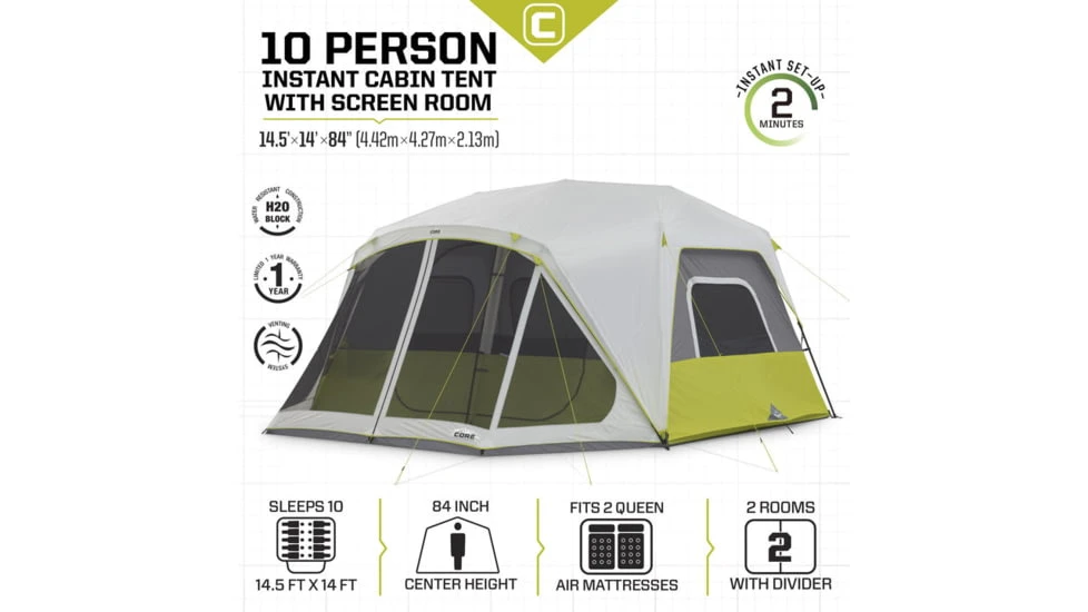Core Equipment 10 Person Instant Cabin Tent W/Screen Room 4 Core Equipment 10 Person Instant Cabin Tent W/Screen Room - Image 2